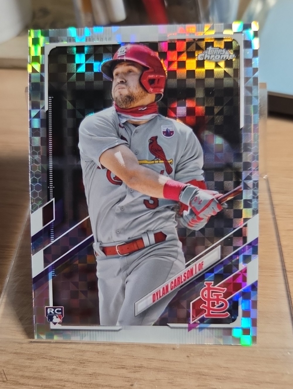 2021 Topps Chrome X Fractor Dylan Carlson Baseball Card - Red, Gray, White